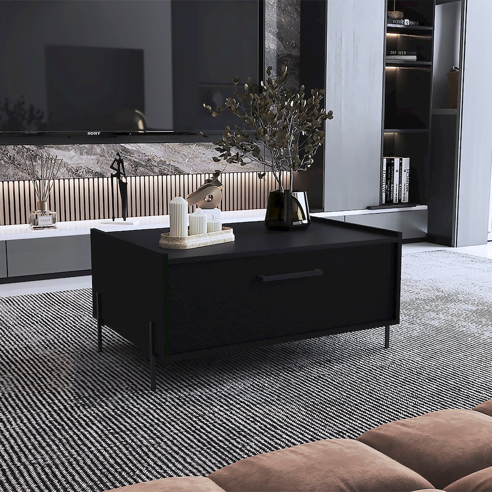 Juneau Coffee Table, 1 shelf, 4 legs, Black. Picture 6