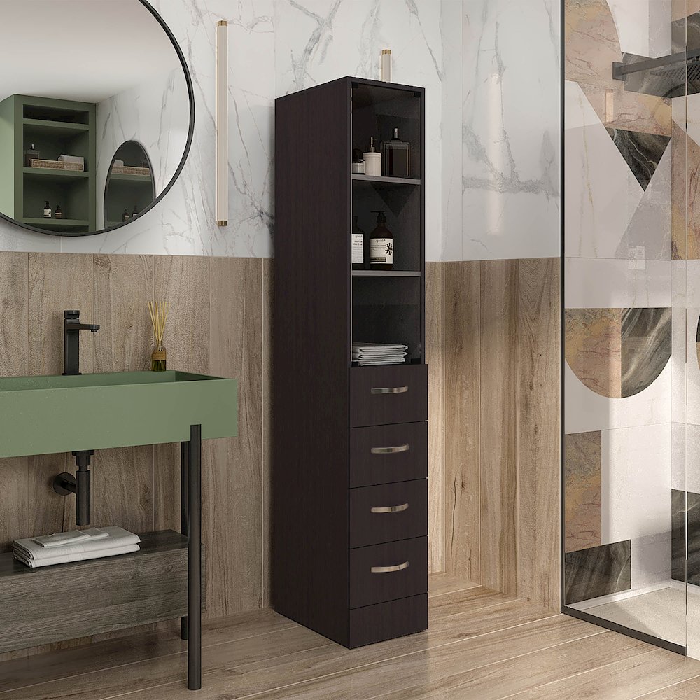 Magna Linen Cabinet, Three Shelves, Four Drawers, Black. Picture 6