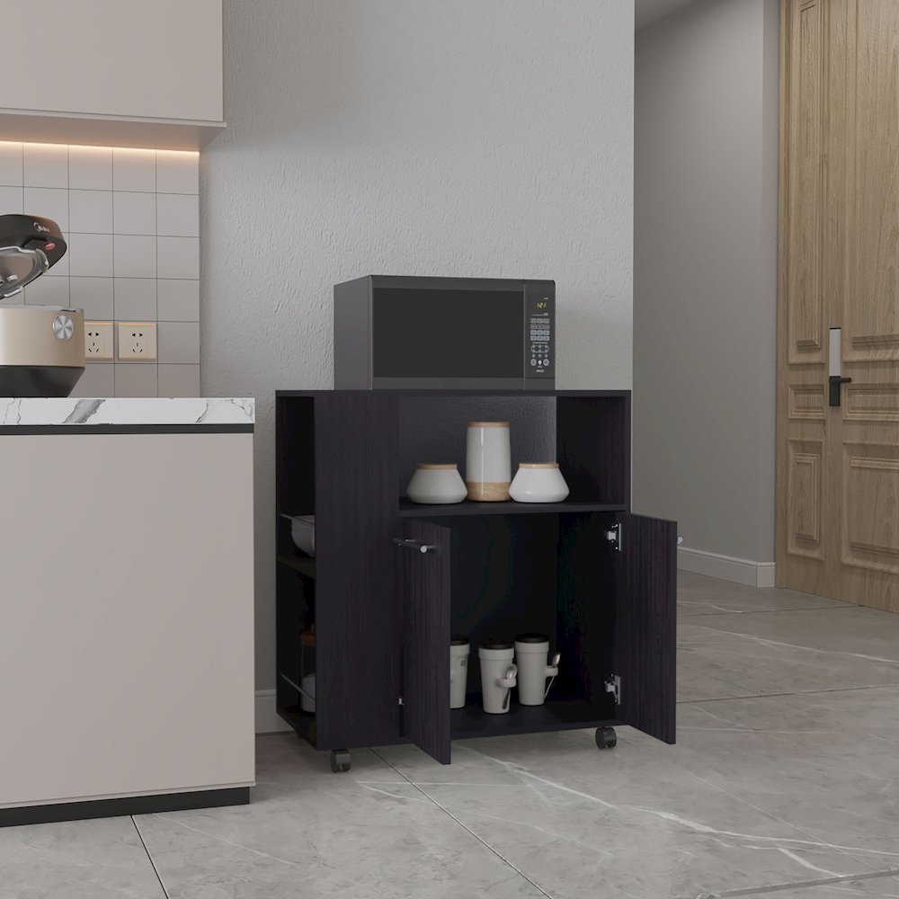 Bremerton Kitchen Cart, 2 Doors, 3 Shelves, 4 Wheels, Black Wengue. Picture 7