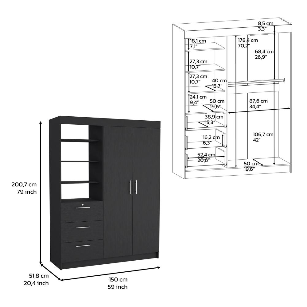 DEPOT E-SHOP Laurel 3-Tier Shelf and Drawers Armoire with Metal Handles, Black. Picture 4