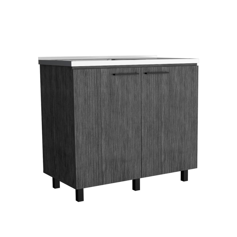Utility Base Cabinet Stainless Steel Countertop and 2-Door, Smokey Oak -Kitchen. Picture 1