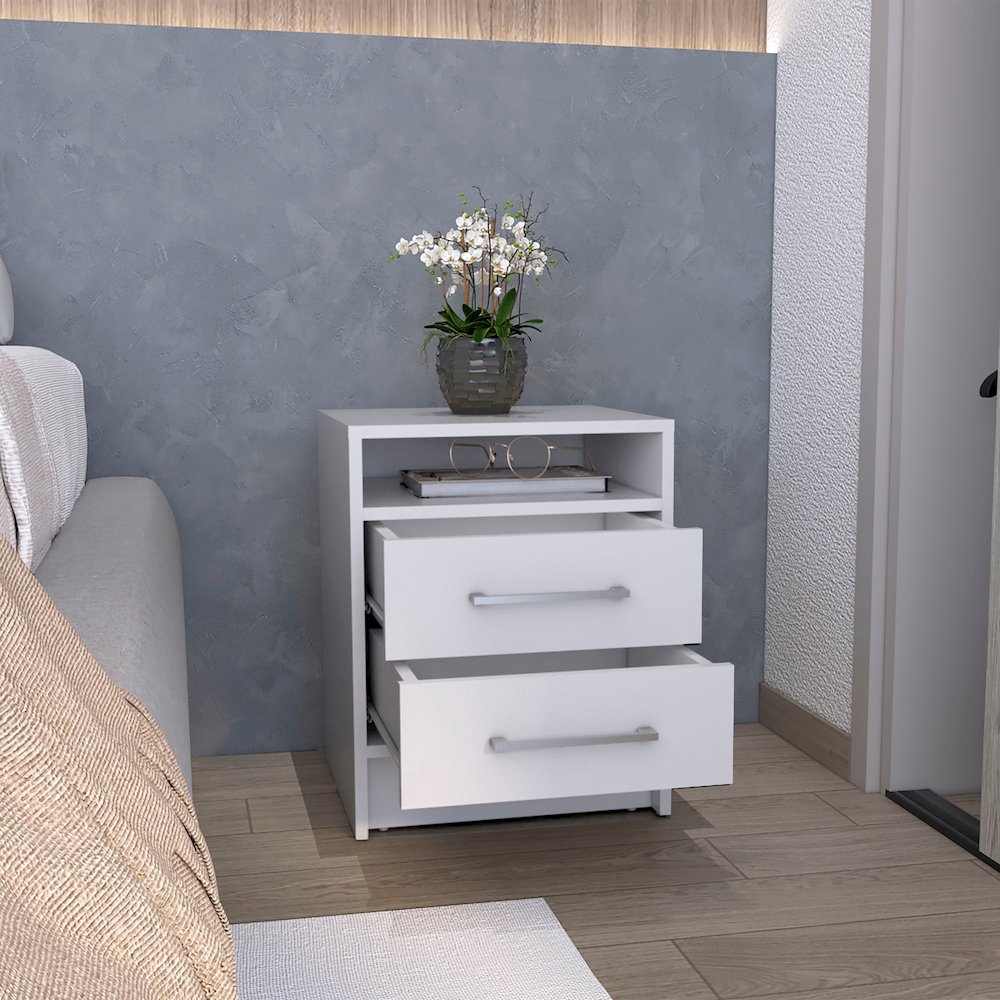 Leyva Nightstand with 2 Drawers and 1 Shelf, White. Picture 7