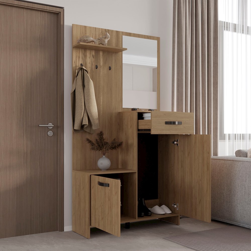 Olpe Hall Tree, 2 Doors, 1 Drawer, 1 Shelf, 1 Mirror, Natural Oak. Picture 7
