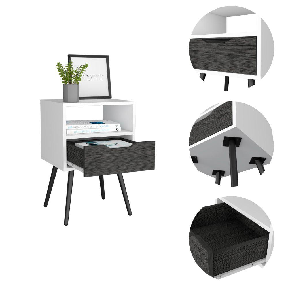 DEPOT E-SHOP Emma Nightstand, Countertop, Four Legs, One Open Shelf, One Drawer-Smoky Oak-White, For Bedroom. Picture 3