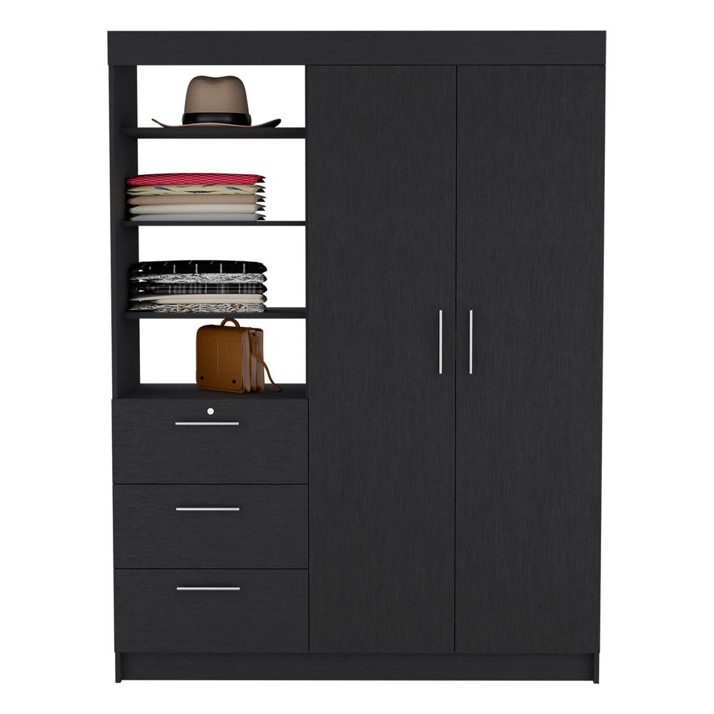 DEPOT E-SHOP Laurel 3-Tier Shelf and Drawers Armoire with Metal Handles, Black. Picture 3