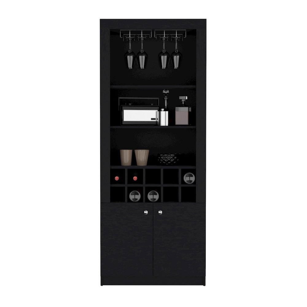 Cabinet 4-Tier, Glass Holder Stemware Rack, 10 Bottle Cubbies, 4 Shelves, Black. Picture 3