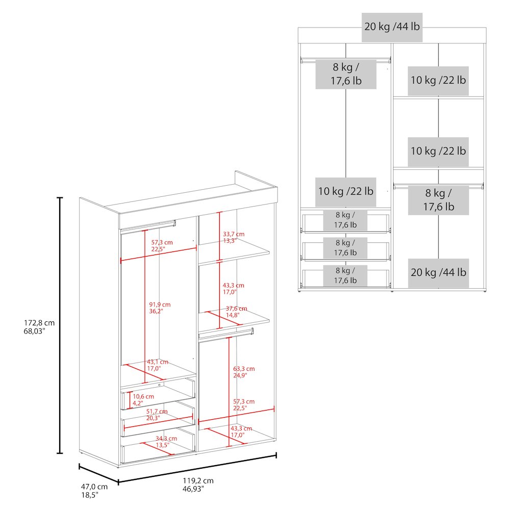Hamilton Mobile Armoire, Double Door Cabinet, Three Drawers, Two Shelves, White. Picture 5