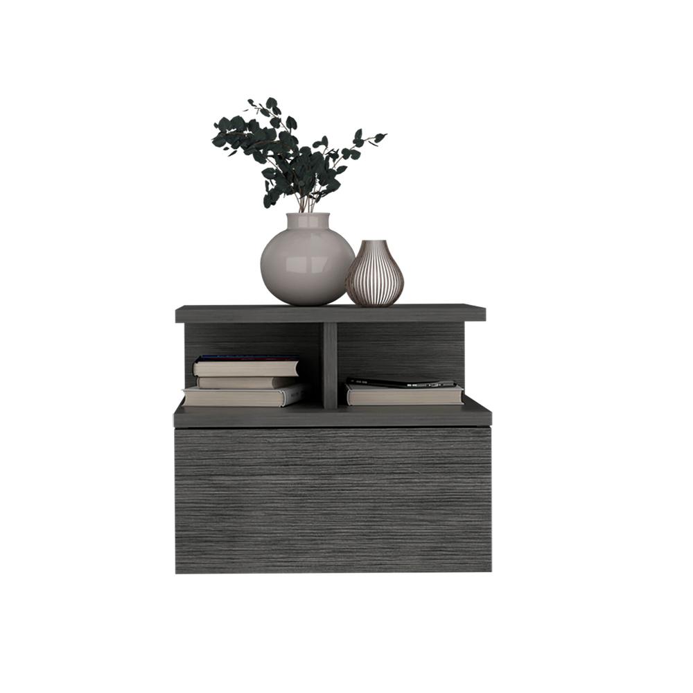 Nightstand, Wall Mounted Single Drawer and 2-Tier Shelf, Smokey Oak -Bedroom. Picture 3