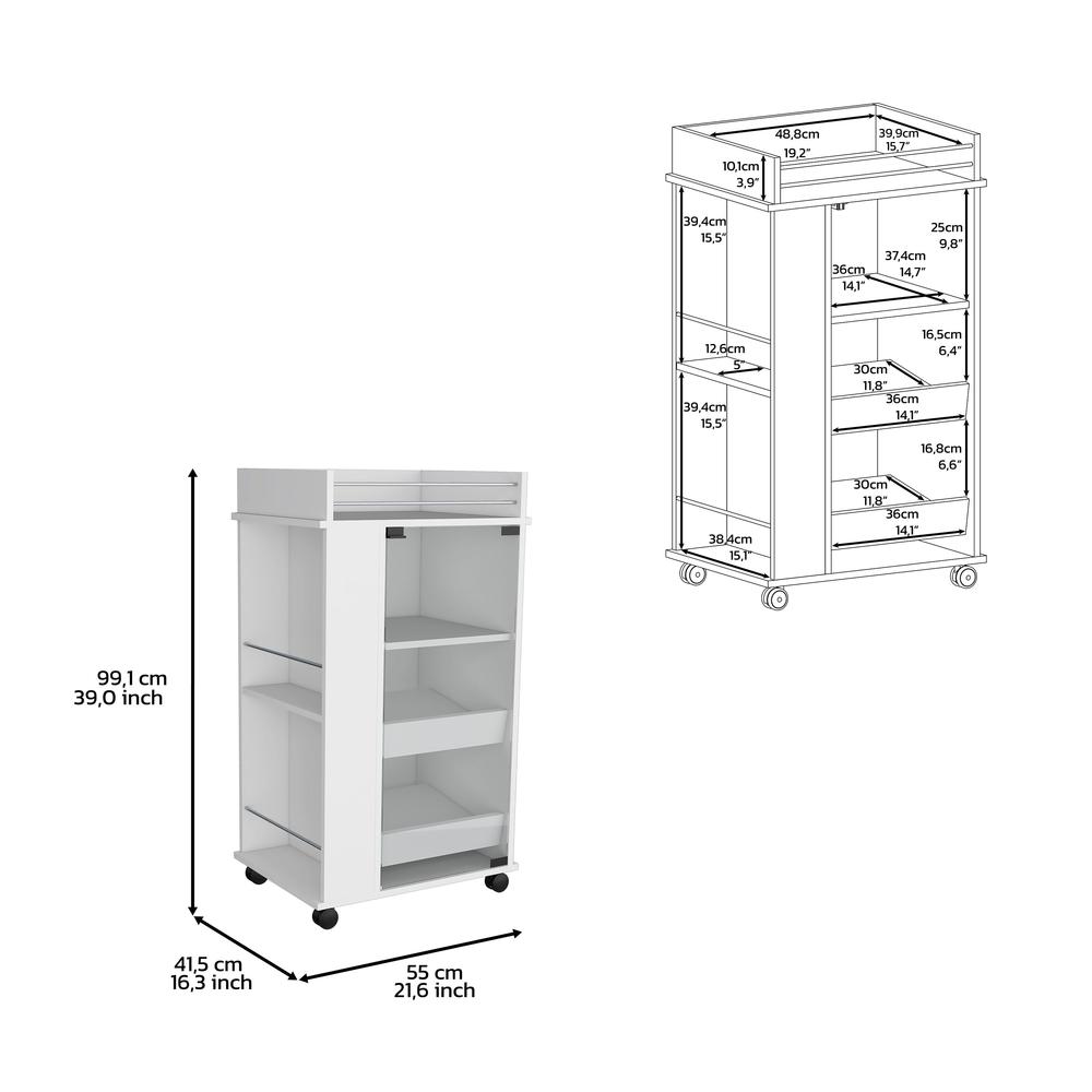 Lansing Bar Cart with Glass Door, 2-Side Shelves and Casters, White. Picture 3