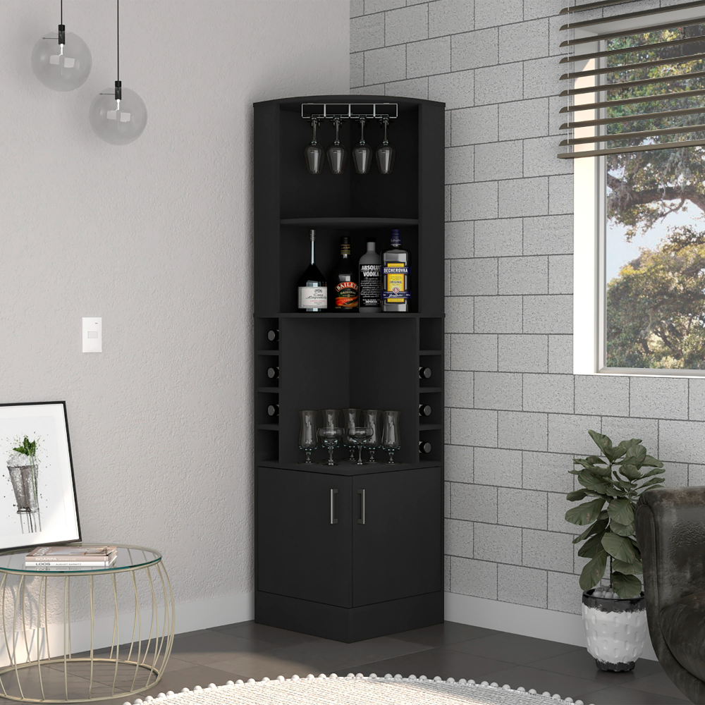 Depot E-Shop Cairo Corner Bar Cabinet, Double Door Cabinet, Glass Rack, Eight Built-in Wine Rack, Black. Picture 2