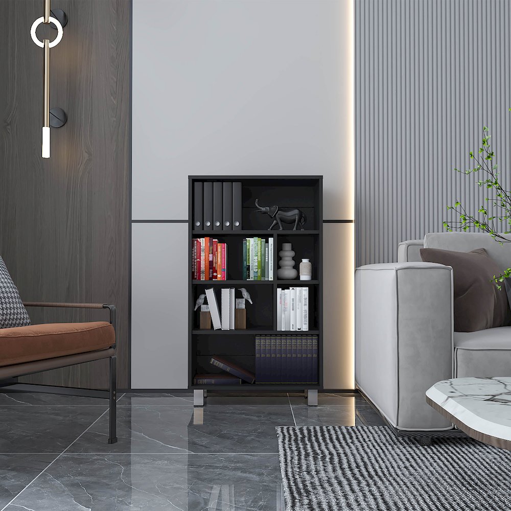 Akiak Bookcase, 6 shelves, 4 legs, Black. Picture 6