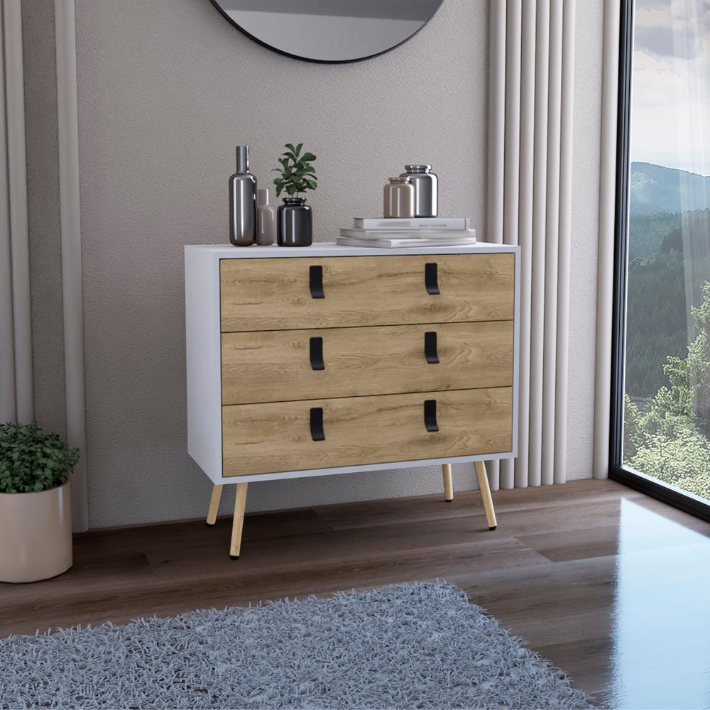 Toka 3 Drawers Dresser with Handles and Wooden Legs, White / Macadamia -Bedroom. Picture 5