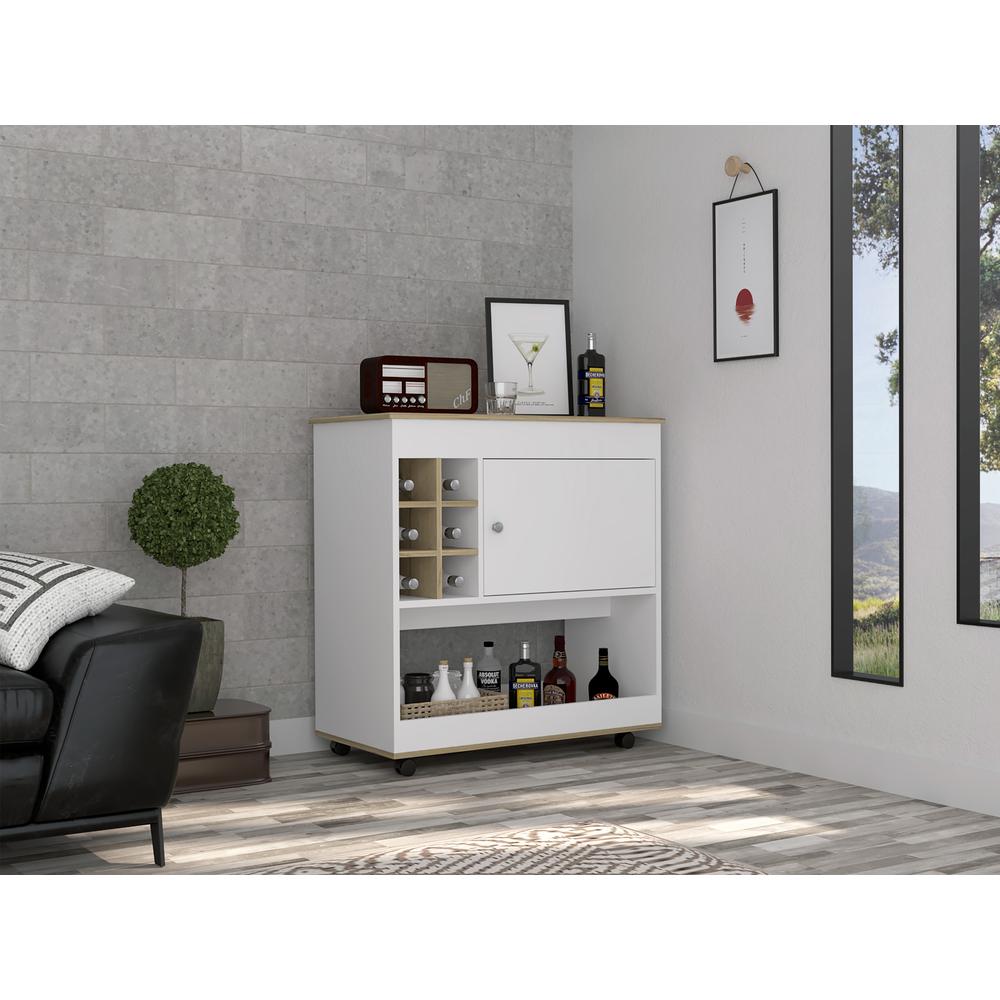 DEPOT E-SHOP Lotus Bar Cart-Six Bottle Cubbies, One Cabinet, Countertop, Lower Panel, Four Casters-White/Light Oak, For Livingroom. Picture 5