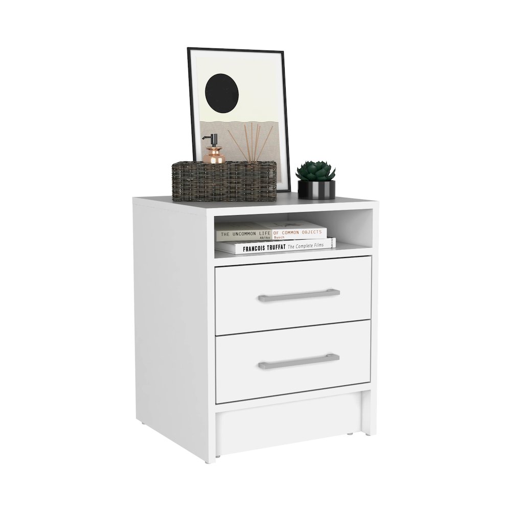 Leyva Nightstand with 2 Drawers and 1 Shelf, White. Picture 1