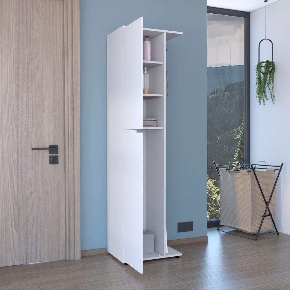 Storage Closet with One Door, Four Shelves and Broom and Mop Holder,White. Picture 7