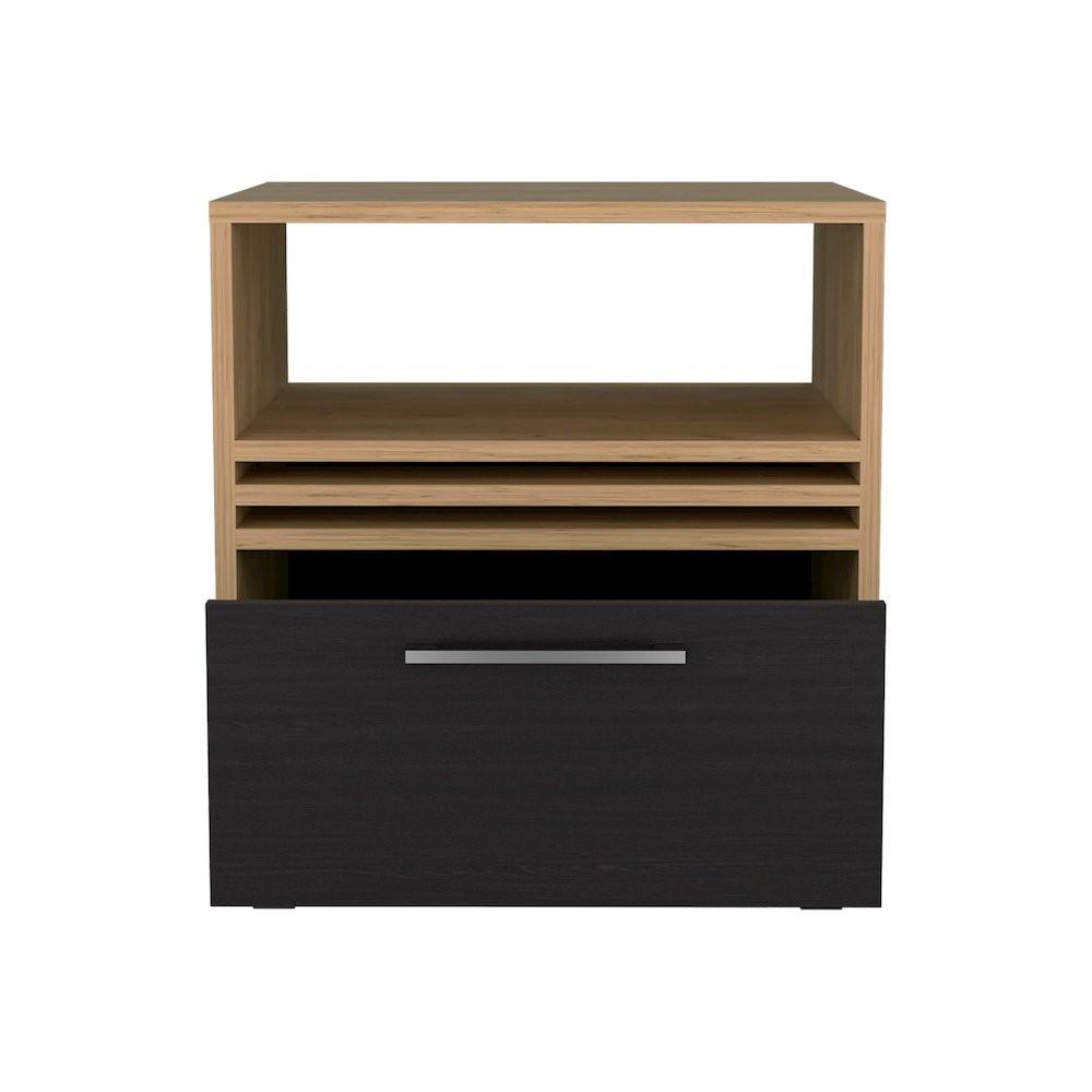 Alsen Nightstand, 1 Drawer, 4 Wheels, 1 Shelf, Natural Oak / Black. Picture 3