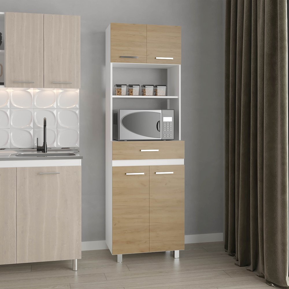 Beggs Kitchen Pantry, 4 Doors, 1 Drawer, 4 Legs, 4 Shelves, Natural Oak / White. Picture 7