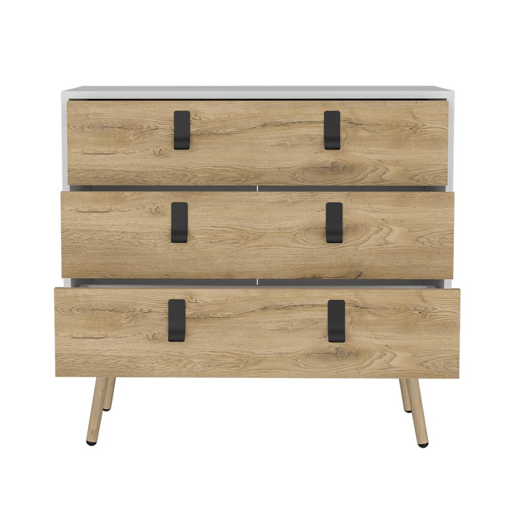 Toka 3 Drawers Dresser with Handles and Wooden Legs, White / Macadamia -Bedroom. Picture 2