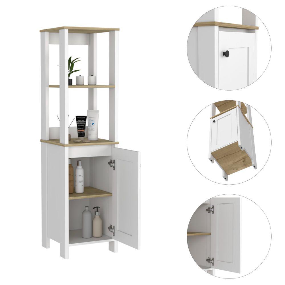 DEPOT E-SHOP New Haven Linen Cabinet, Two Internal Shelves, Two Open Shelves, Four Legs, One-Door Cabinet- Light Oak-White, For Bathroom. Picture 4