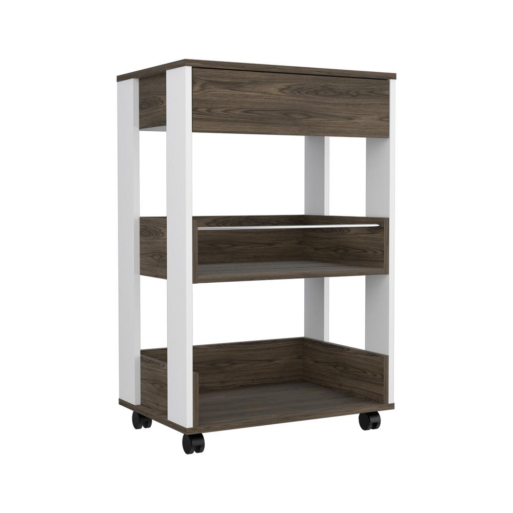 DEPOT E-SHOP Pillar Kitchen Cart, Four Caster Wheels, Three Shelves, Countertop-White Dark Walnut. Picture 1