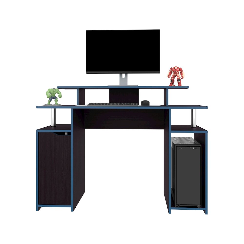Hobart Gaming Desk, 1 Door, 6 Shelves, Black Wengue / Blue Edge. Picture 1