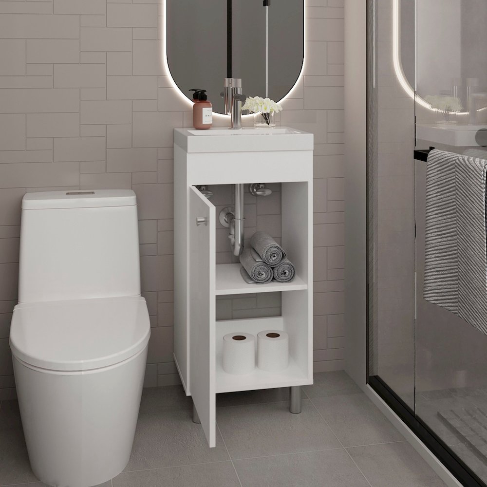 Valdez Bathroom Vanity, 1 Door, 4 Legs, 2 Shelves, White. Picture 7