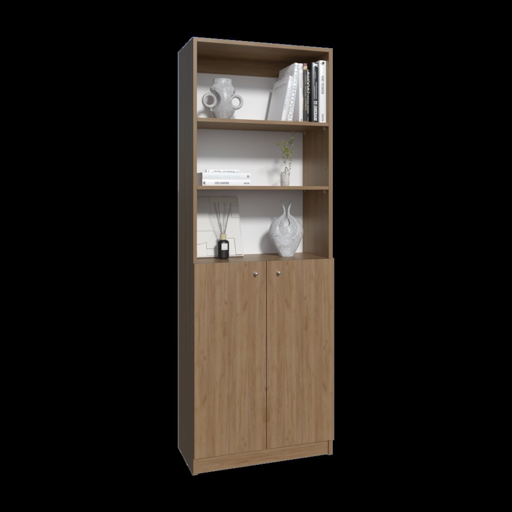 Vinton 2-Door Bookcase with Upper Shelves, Natural Oak / White. Picture 3
