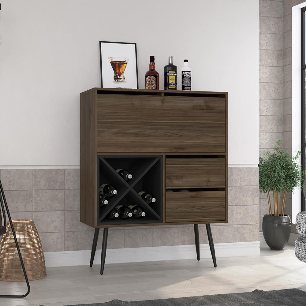 DEPOT E-SHOP Thistle Bar-Two Drawers, Four Double Racks, One Cabinet-Mahogany/Black, For Living Room. Picture 5