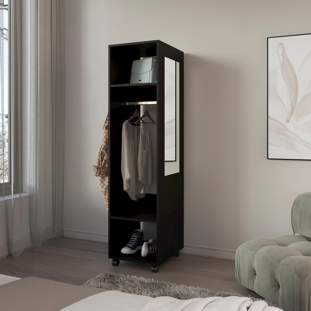 Cordova Armoire with 3 Shelves, 1 Mirror, and 4 Wheels, Black. Picture 5