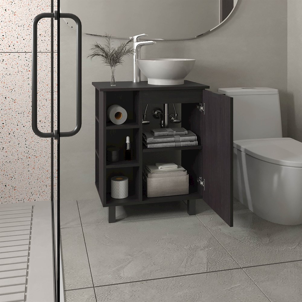 Dobson Vanity Sink, 1 Door, 4 Legs, 5 Shelves, Black Wengue. Picture 7