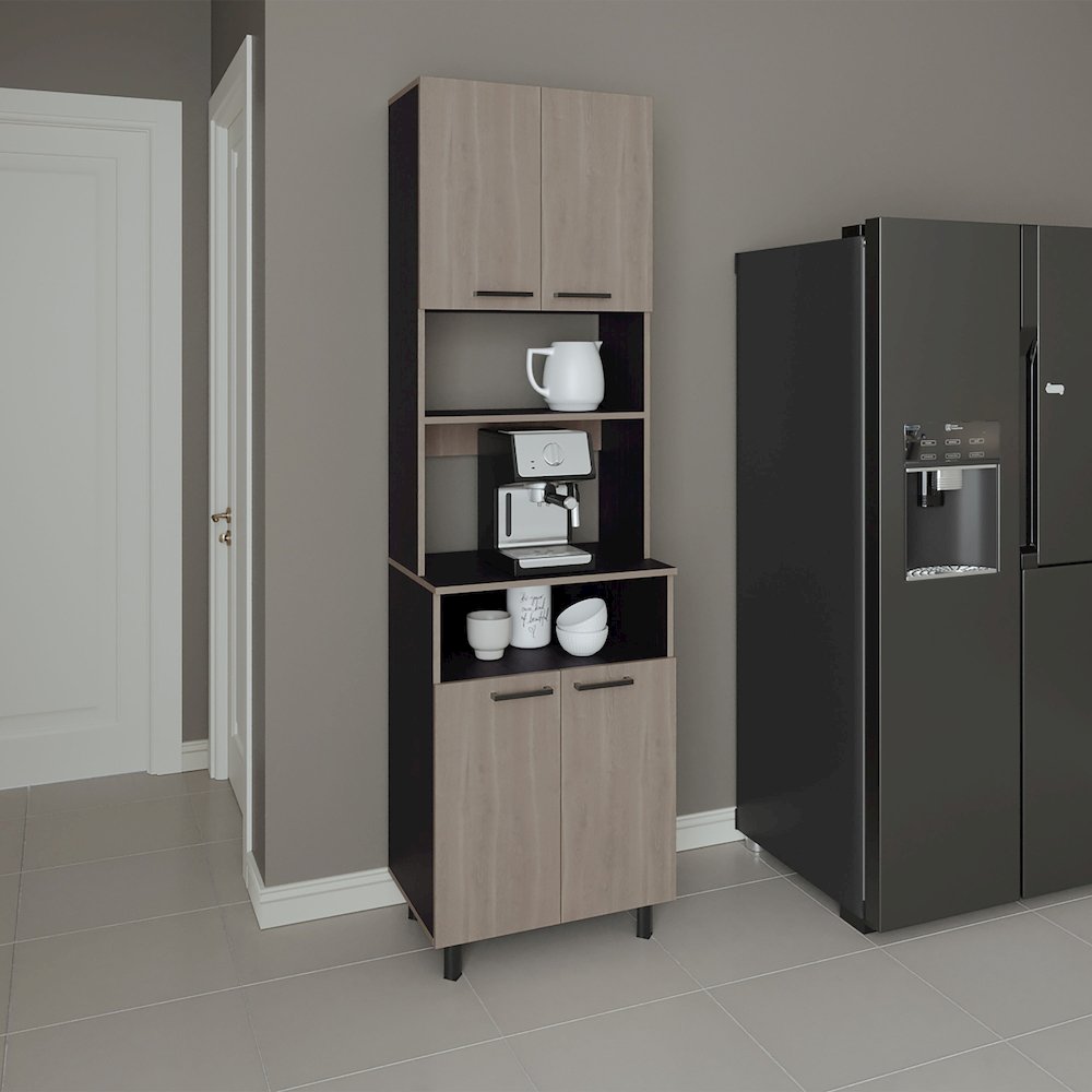 Zena Kitchen Pantry, 4 Doors, 4 Legs, 4 Shelves, White Oak / Black Wengue. Picture 7