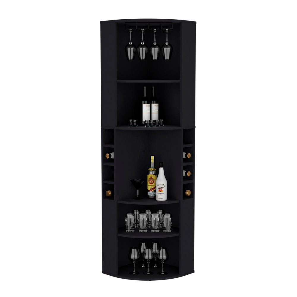 71" Corner Bar Cabinet with Five Shelves, Eight Bottle Cubbies and Stemware. Picture 2