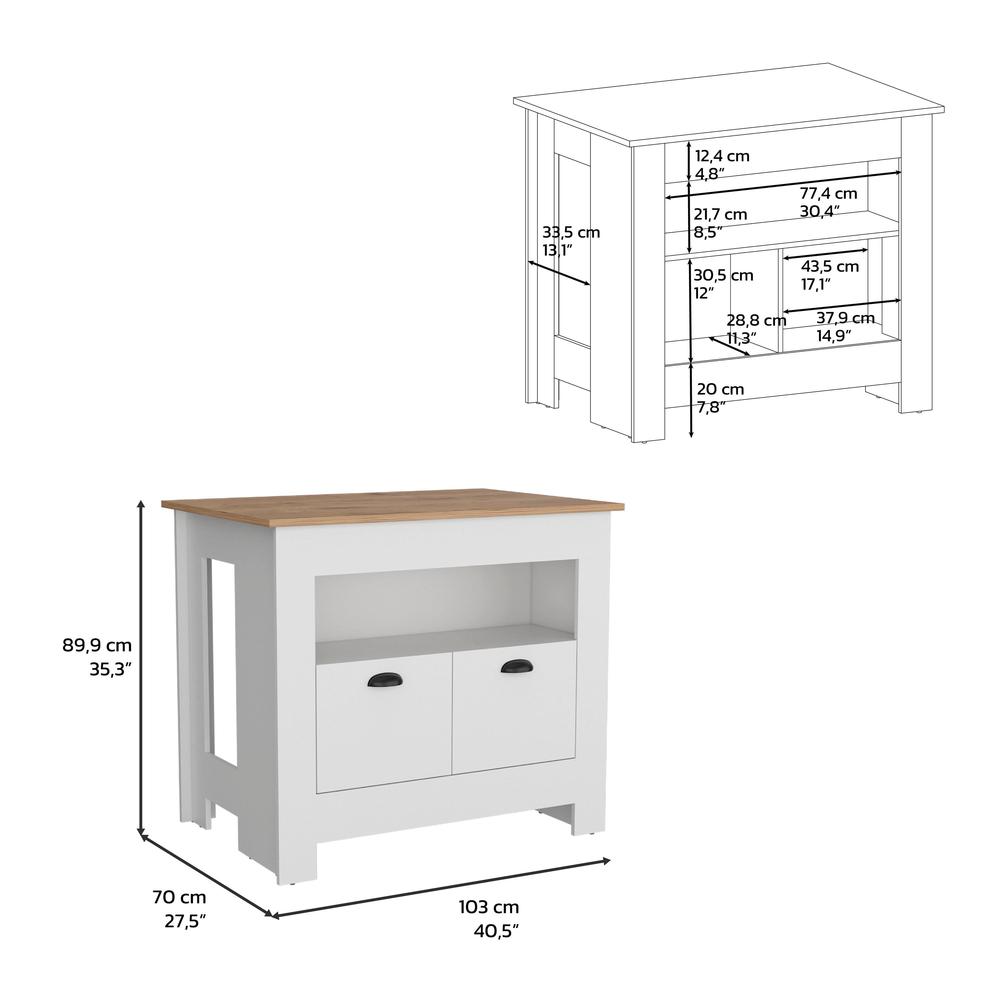 Floyd 35" H Kitchen Island, whit  2 doors, 3 shelves, White/Macadamia. Picture 5