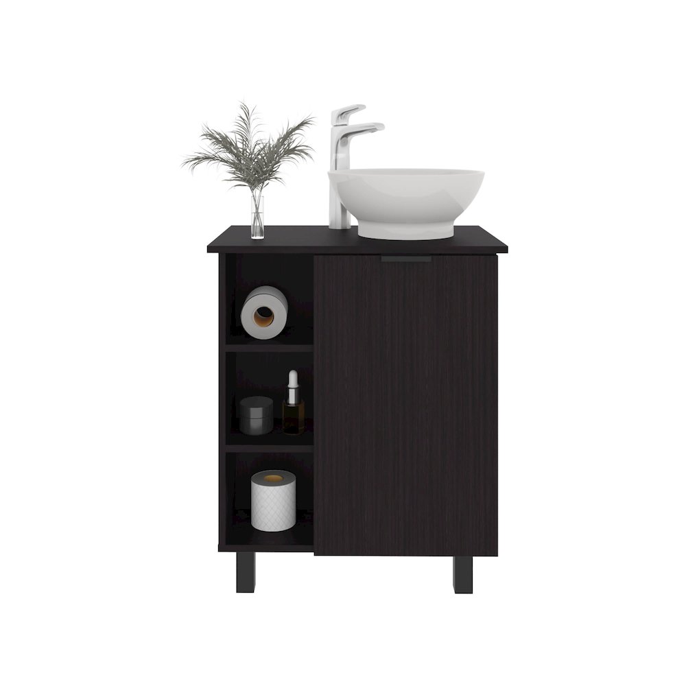 Dobson Vanity Sink, 1 Door, 4 Legs, 5 Shelves, Black Wengue. Picture 1