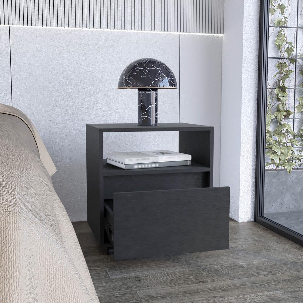 DEPOT E-SHOP Wasilla Nightstand with Open Shelf, 1 Drawer and Casters, Black. Picture 4