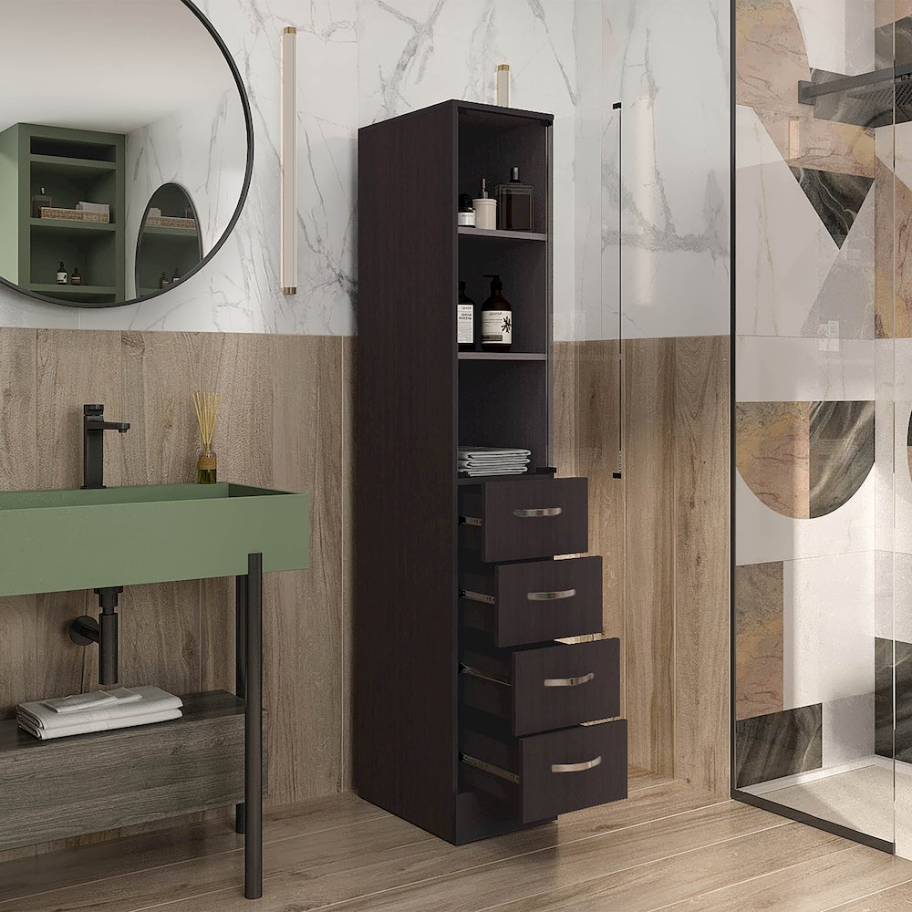 Magna Linen Cabinet, Three Shelves, Four Drawers, Black. Picture 7