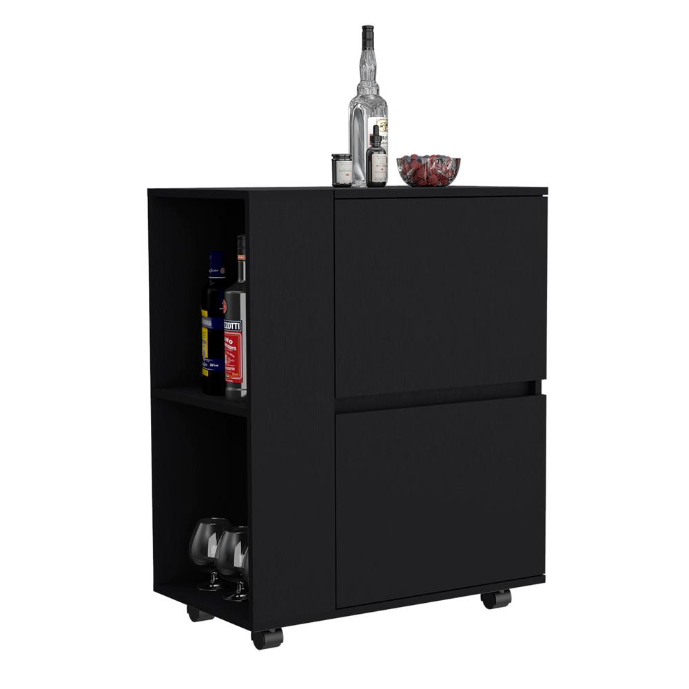 Tully Bar Cart Two Pull-Down Door Cabinets and Two Open Shelves,Black. Picture 4