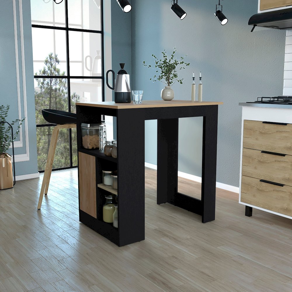 Kitchen Island 36" H, Three Shelves and One Cabinet,  Black / Natural Oak. Picture 4