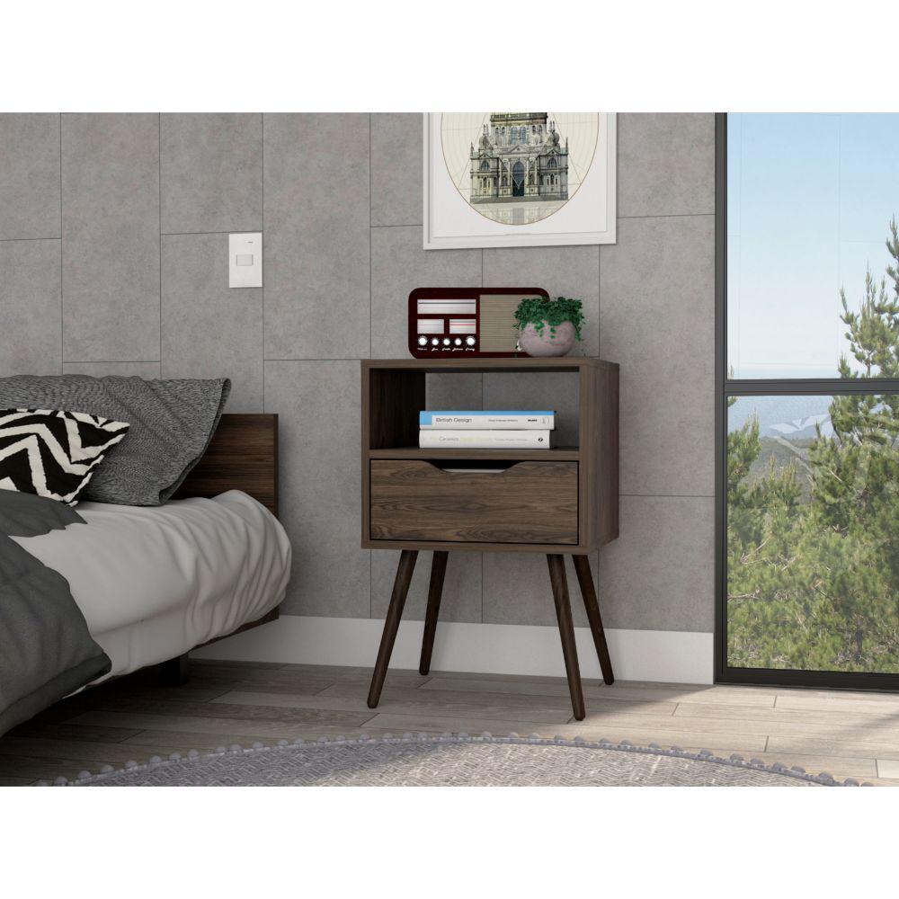 DEPOT E-SHOP Emma Nightstand, Countertop, Four Legs, One Open Shelf, One Drawer-Dark Walnut, For Bedroom. Picture 1
