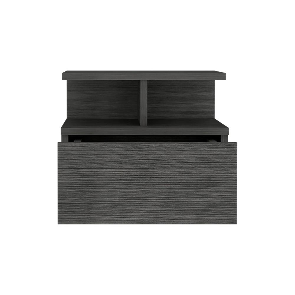 Nightstand, Wall Mounted Single Drawer and 2-Tier Shelf, Smokey Oak -Bedroom. Picture 2