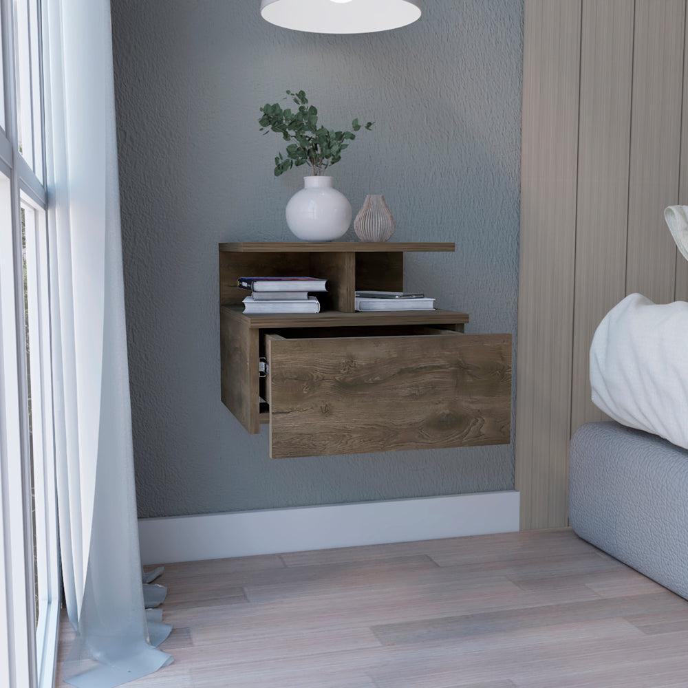 Nightstand, Wall Mounted with Single Drawer and 2-Tier Shelf, Dark Walnut. Picture 6