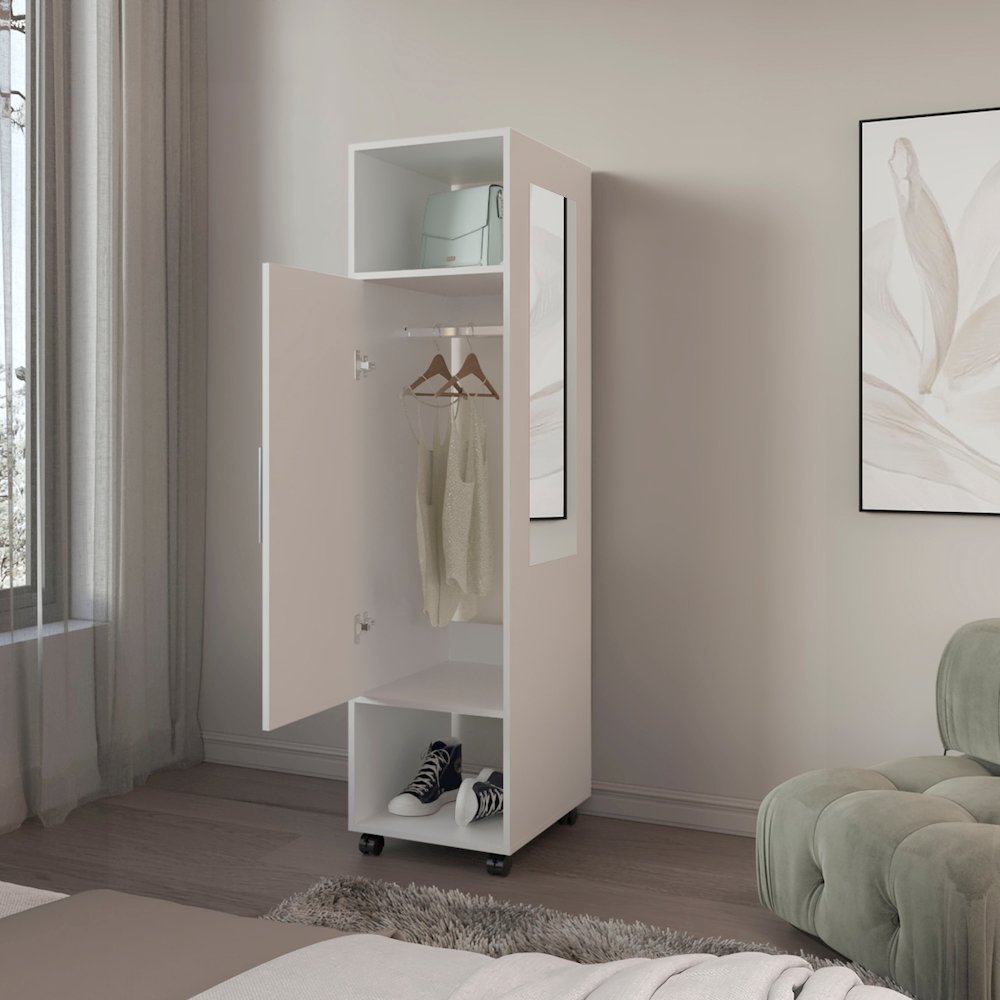 Ambler Armoire with 1 Door, 3 Shelves, and Full-Length Mirror, White. Picture 7