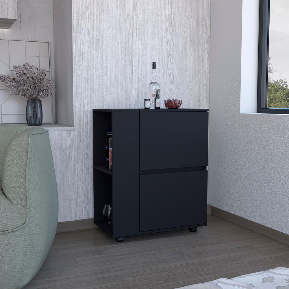 Tully Bar Cart Two Pull-Down Door Cabinets and Two Open Shelves,Black. Picture 6