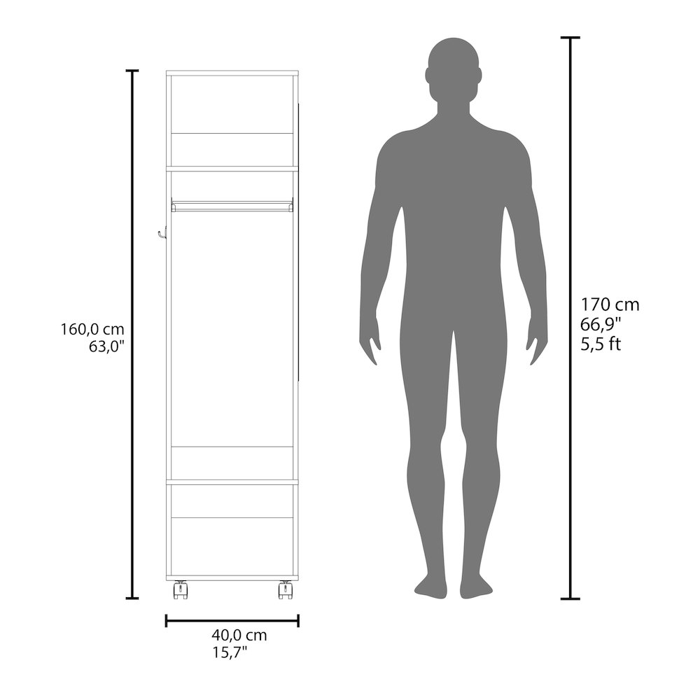 Cordova Armoire with 3 Shelves, 1 Mirror, and 4 Wheels, Black. Picture 2