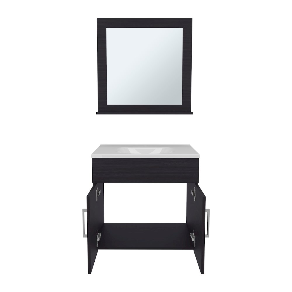 Jette Bathroom Set, Vanity Sink, 2 Doors, 1 Shelf, 1 Mirror, Black Wengue. Picture 2