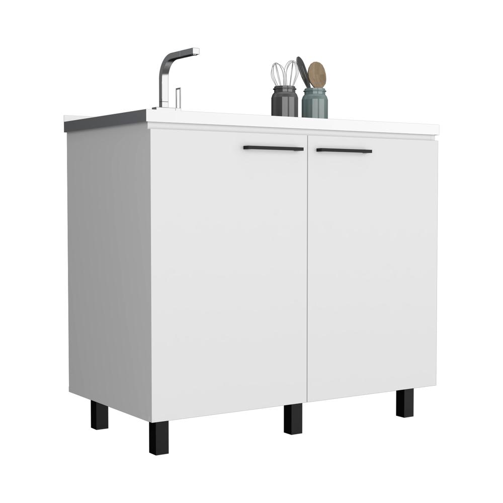 DEPOT E-SHOP Salento 2 Freestanding Utility Base Cabinet with Stainless Steel Countertop and 2-Door, White. Picture 2