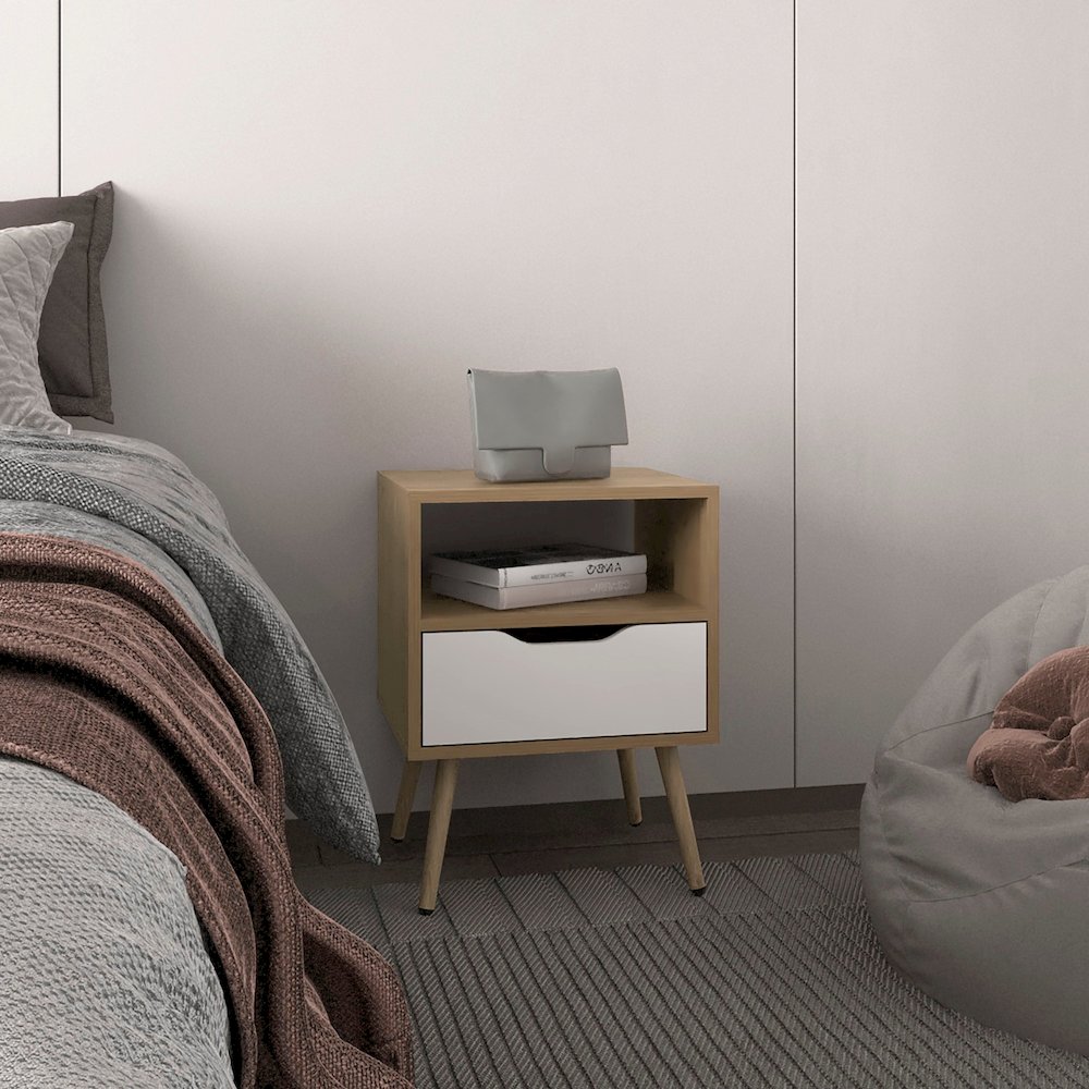 Speers Nightstand, 1 Drawer, 1 Shelf, Natural Oak / White. Picture 6