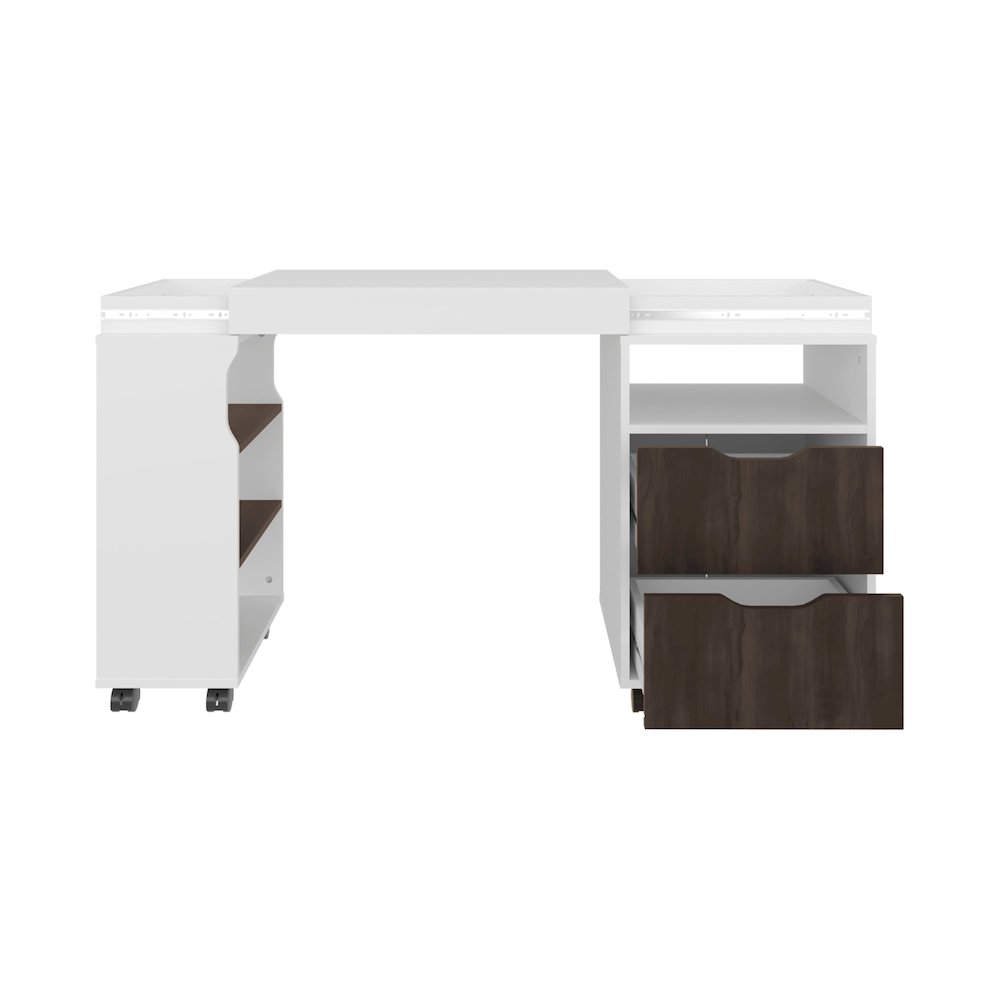 Odessa Extendable Desk, 2 Drawers, 4 Shelves, 4 Wheels, White/Walnut. Picture 1