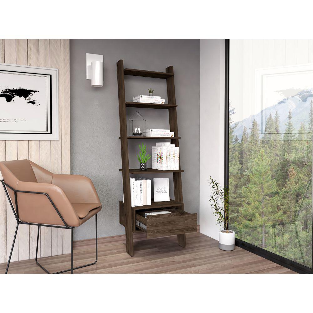 DEPOT E-SHOP Kobe Ladder Bookcase, One Drawer, Five Open Shelves, Four Legs- Dark Walnut, For Living Room. Picture 5
