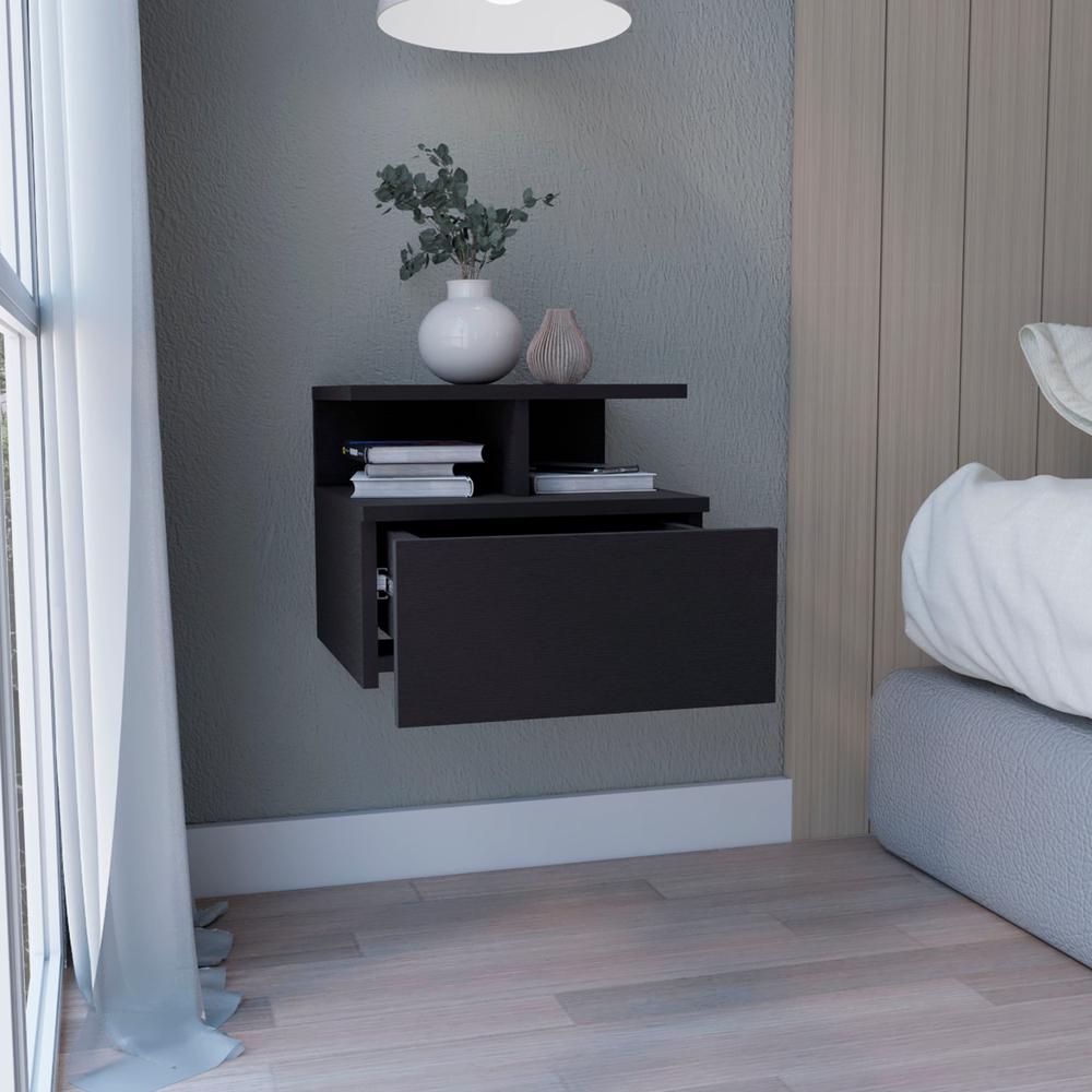 DEPOT E-SHOP Seward Floating Nightstand, Wall Mounted with Single Drawer and 2-Tier Shelf, Black. Picture 4